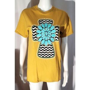 NWOT Boutique Tee Sunflower Yellow Turquois Flower & Zebra Cross - Sz S